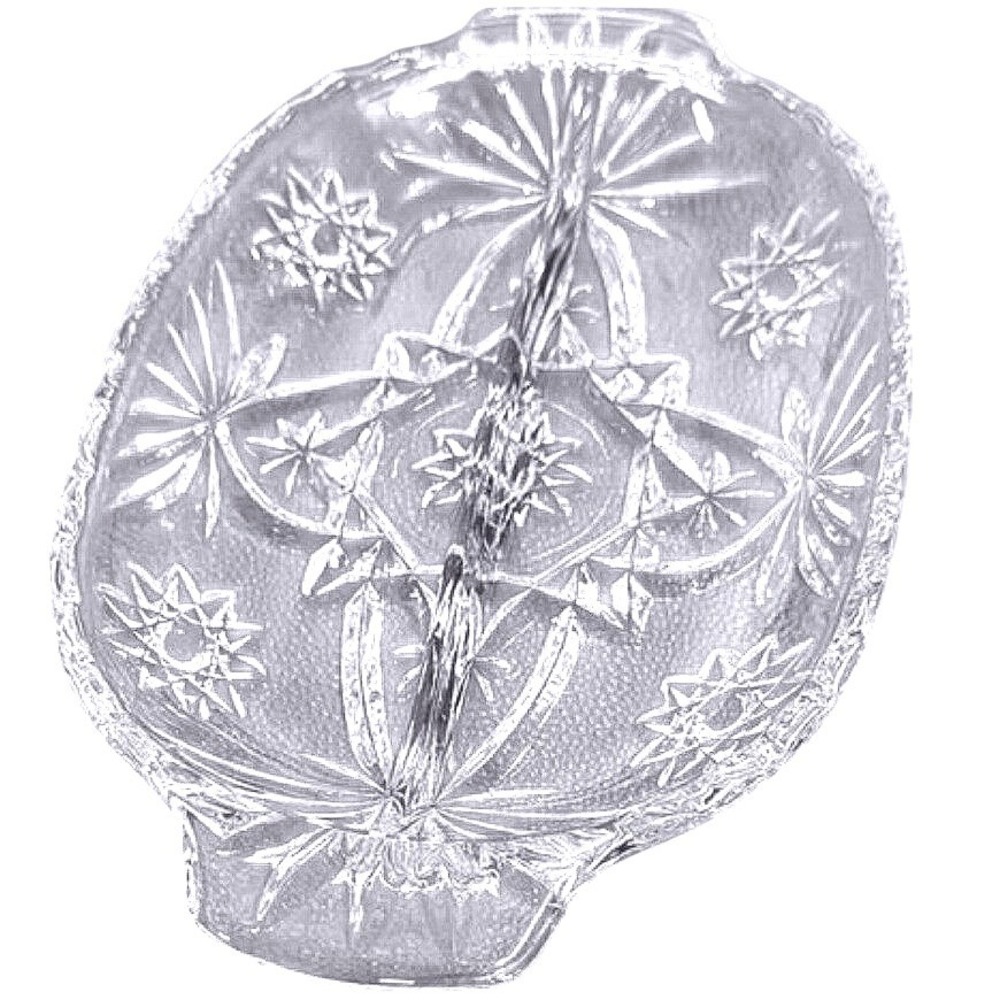 Vintage Clear Pressed Glass Divided Relish Dish Starburst Pinwheel Pattern Oval